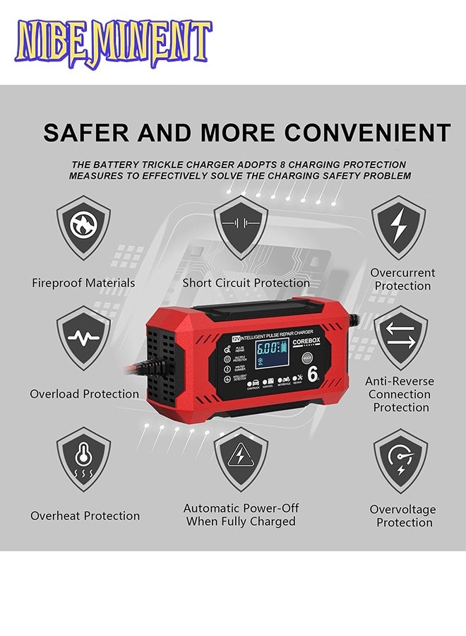 NIBEMINENT شاحن بطارية ذكي 12 فولت 6 أمبير مع شاشة LCD، شاحن سريع/تدريجي 12 فولت 6 أمبير، حماية من الشحن الزائد/السخونة الزائدة/الدوائر القصيرة/القطبية العكسية، وضع تشغيل تلقائي، تحكم بواسطة معالج دقيق، متوافق مع AGM/GEL/SLA/Wet/EFB، سعة 4-100Ah، قابس المملكة المتحدة (110-240 فولت) للشاحنات، الدراجات النارية، جزازات العشب، البحرية، RV، القوارب، أنظمة الطاقة الشمسية - شاحن بطارية ثقيل، شاحن سيارة، شاحن ذكي - Image 2